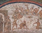Painting of a feast / Early Christian catacombs / Paleochristian art / Tomb of Vibia - Catacumbes of Domitila - Rome. Paradise Sacred (Banquet Justos Anunciacio?)  Source:  Attribution  via  Wikimedia  Commons [http://commons.wikimedia.org/w/index.php?title=File:Agape_feast_02.jpg&oldid=38437724]) 