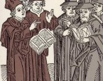 "Disputation," a Woodcut carved by Johann von Armssheim (1483). Portays a disputation between Christian and Jewish scholars (Soncino Blaetter, Berlin, 1929. Jerusalem, B. M. Ansbacher Collection).