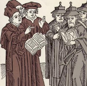 "Disputation," a Woodcut carved by Johann von Armssheim (1483). Portays a disputation between Christian and Jewish scholars (Soncino Blaetter, Berlin, 1929. Jerusalem, B. M. Ansbacher Collection).